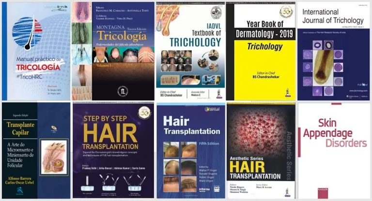Principales libros, manuales y revistas científicas de tricología y trasplante capilar en la actualidad.