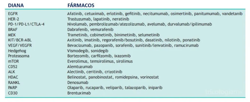Principales dianas terapéuticas contra el cáncer y sus fármacos más utilizados.